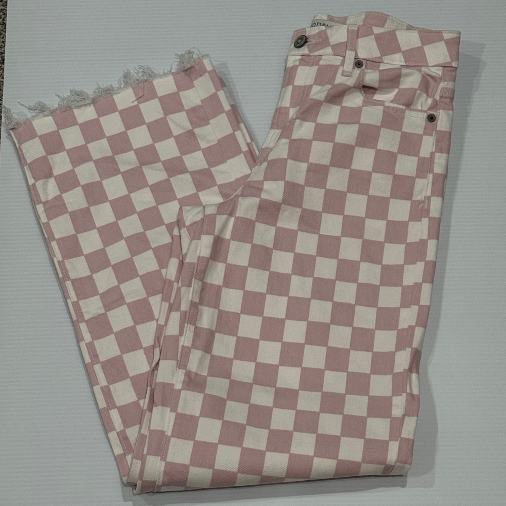 Hidden Jeans Los Angeles Pink Checkered Wide Leg Raw Hem Denim Pants 26